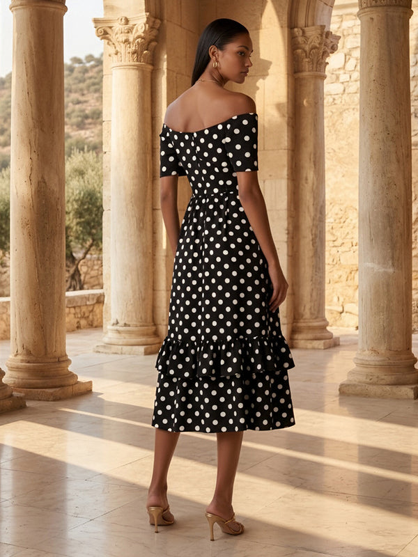 Chiffon A-Line/Princess Off Shoulder Midi-Length Cocktail Dresses with Polka Dot Print
