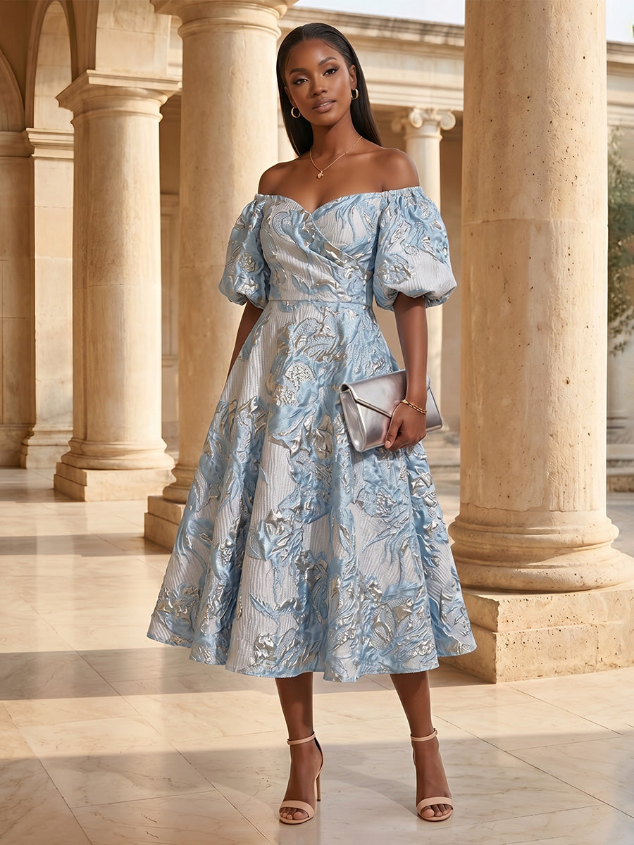 Jacquard A-Line/Princess Off Shoulder Midi-Length Cocktail Dresses with Ruched Bodice