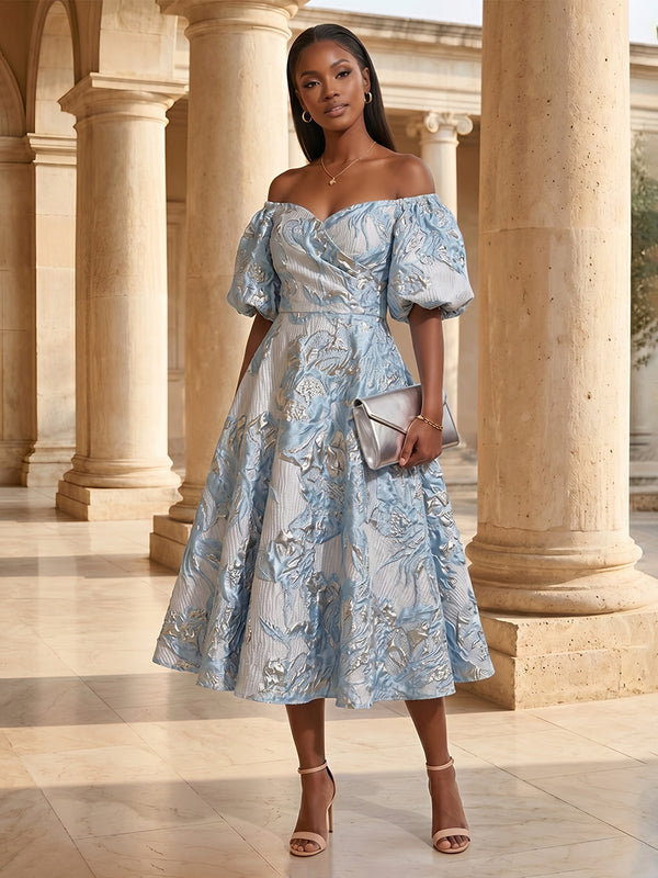 Jacquard A-Line/Princess Off Shoulder Midi-Length Cocktail Dresses with Ruched Bodice