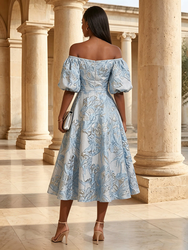 Jacquard A-Line/Princess Off Shoulder Midi-Length Cocktail Dresses with Ruched Bodice