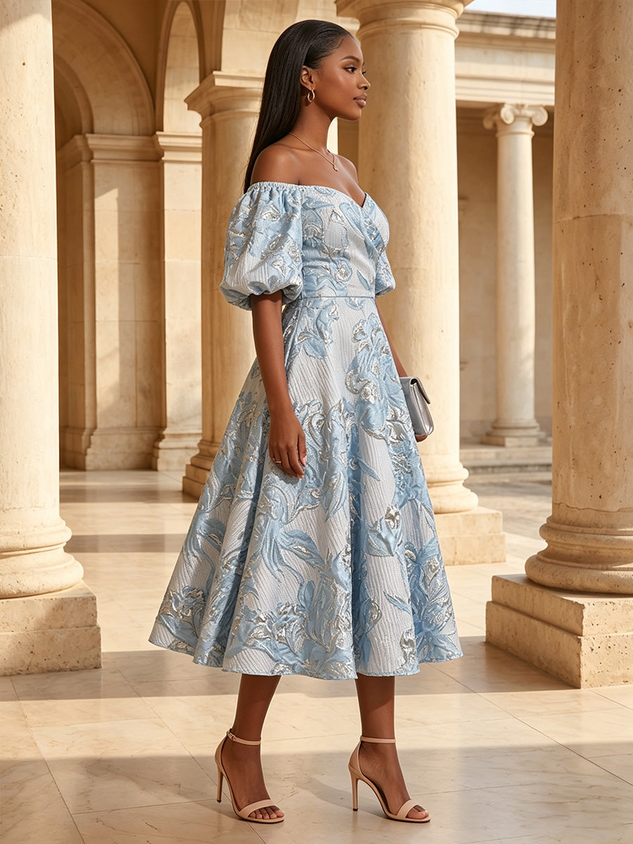 Jacquard A-Line/Princess Off Shoulder Midi-Length Cocktail Dresses with Ruched Bodice