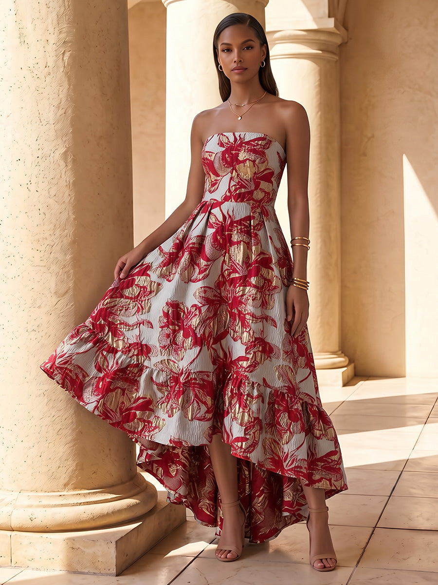 Jacquard A-Line/Princess Strapless High-Low Cocktail Dresses with Ruched Waist