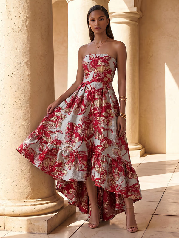 Jacquard A-Line/Princess Strapless High-Low Cocktail Dresses with Ruched Waist