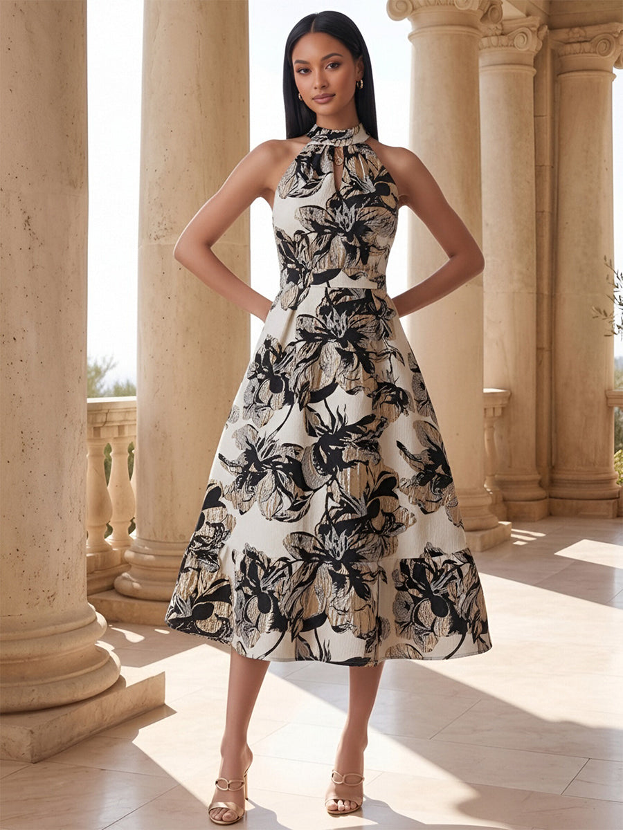 Jacquard A-Line/Princess Halter Tea-Length Cocktail Dresses for Women