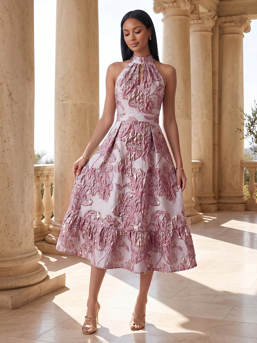 Jacquard A-Line/Princess Halter Tea-Length Cocktail Dresses for Women