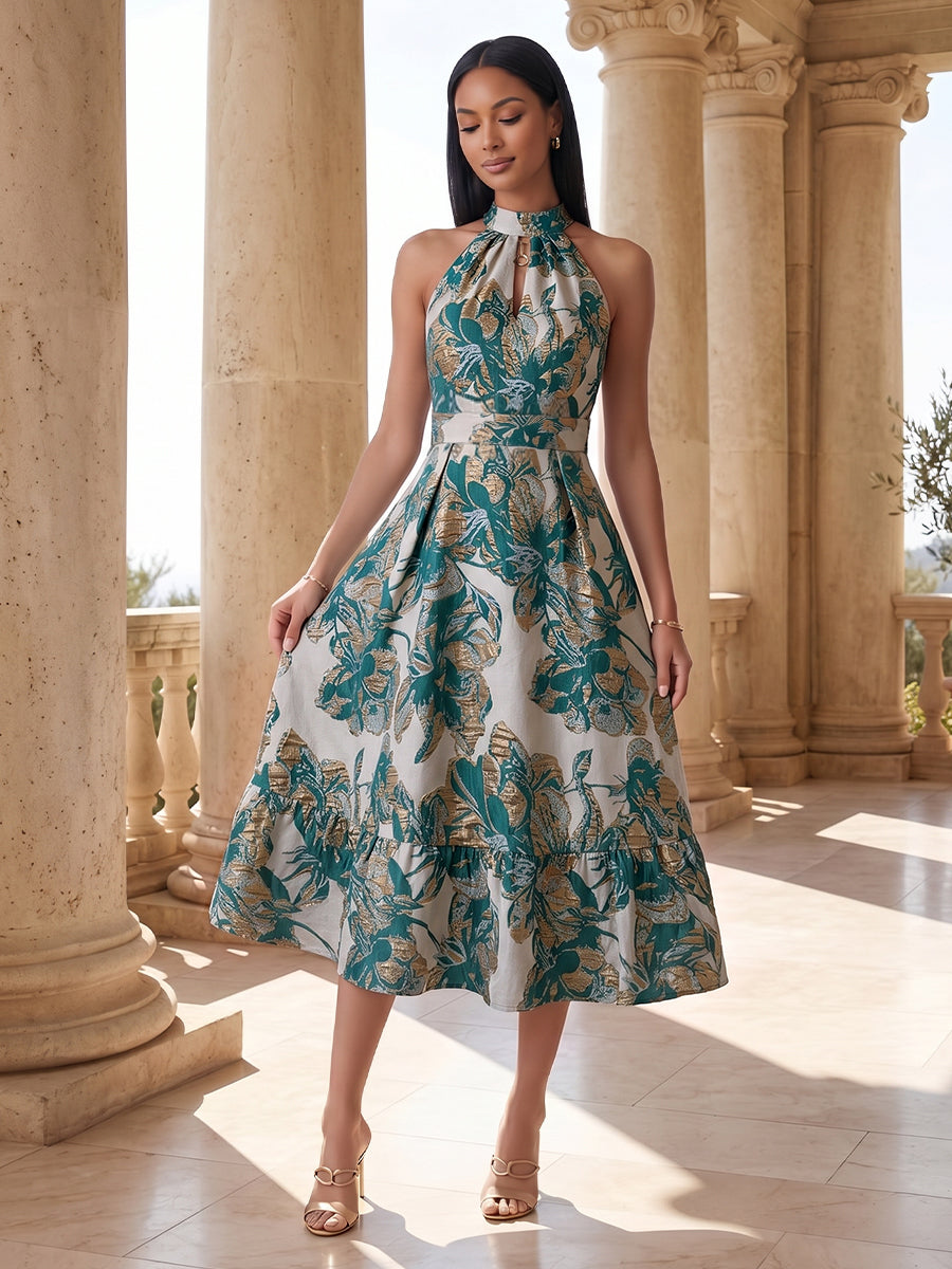 Jacquard A-Line/Princess Halter Tea-Length Cocktail Dresses for Women