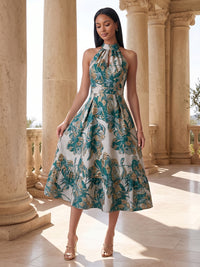 Jacquard A-Line/Princess Halter Tea-Length Cocktail Dresses for Women