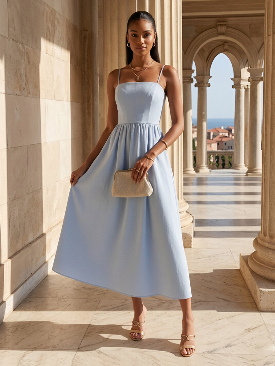 Satin A-Line/Princess Spaghetti Straps Tea-Length Cocktail Dresses with Ruched Waist