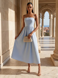 Satin A-Line/Princess Spaghetti Straps Tea-Length Cocktail Dresses with Ruched Waist