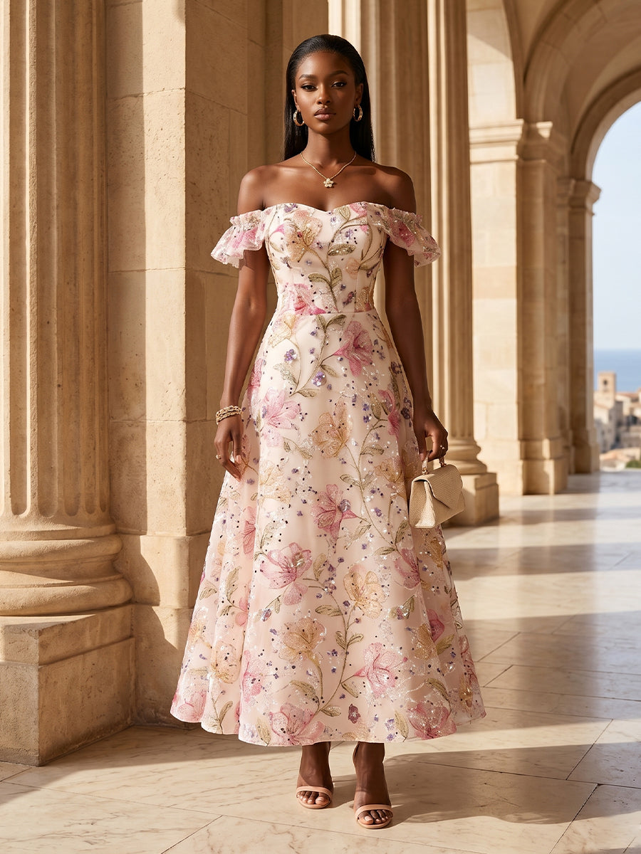 Sequin Floral A-Line/Princess Off Shoulder Tea-Length Cocktail Dresses for Women