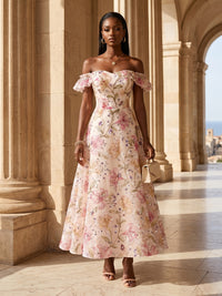 Sequin Floral A-Line/Princess Off Shoulder Tea-Length Cocktail Dresses for Women