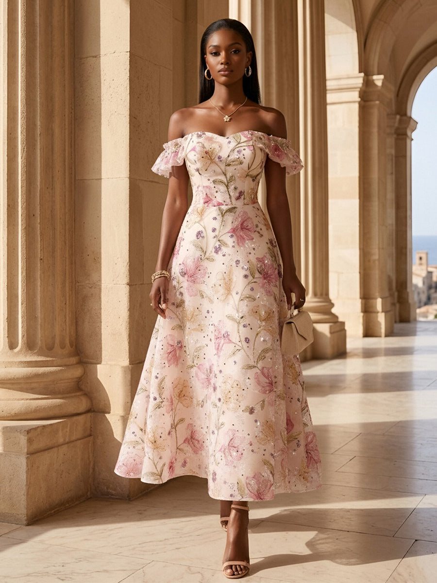Sequin Floral A-Line/Princess Off Shoulder Tea-Length Cocktail Dresses for Women
