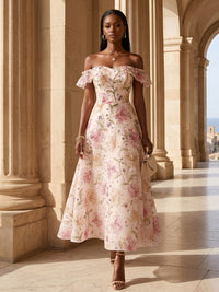 Sequin Floral A-Line/Princess Off Shoulder Tea-Length Cocktail Dresses for Women