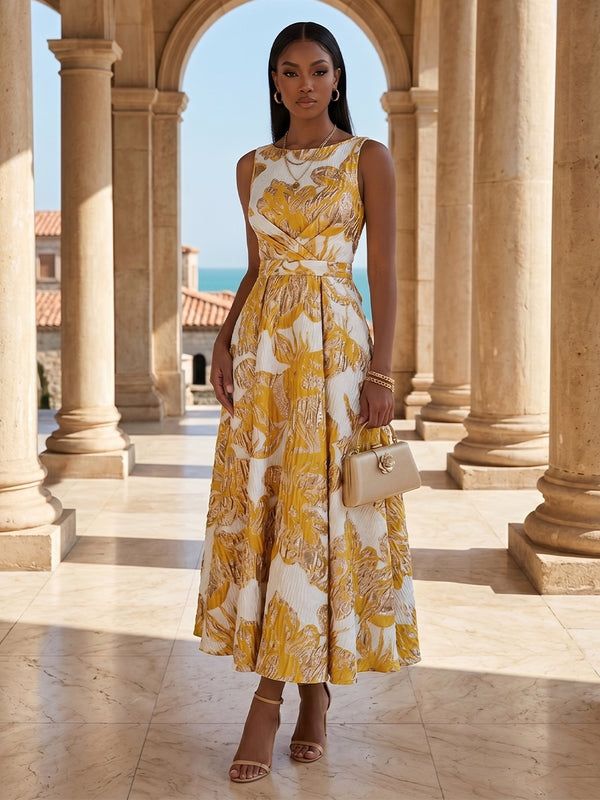 Jacquard A-Line/Princess Scoop Neck Tea-Length Cocktail Dresses with Ruched Waist