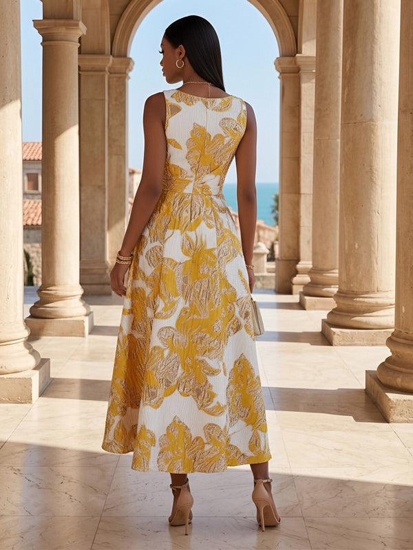 Jacquard A-Line/Princess Scoop Neck Tea-Length Cocktail Dresses with Ruched Waist