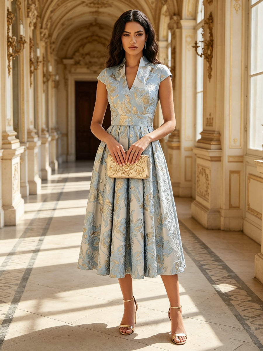 Floral Print A-Line/Princess V-Neck Tea-Length Cocktail Dresses with Pleats