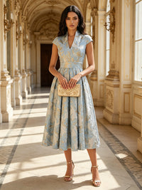Floral Print A-Line/Princess V-Neck Tea-Length Cocktail Dresses with Pleats