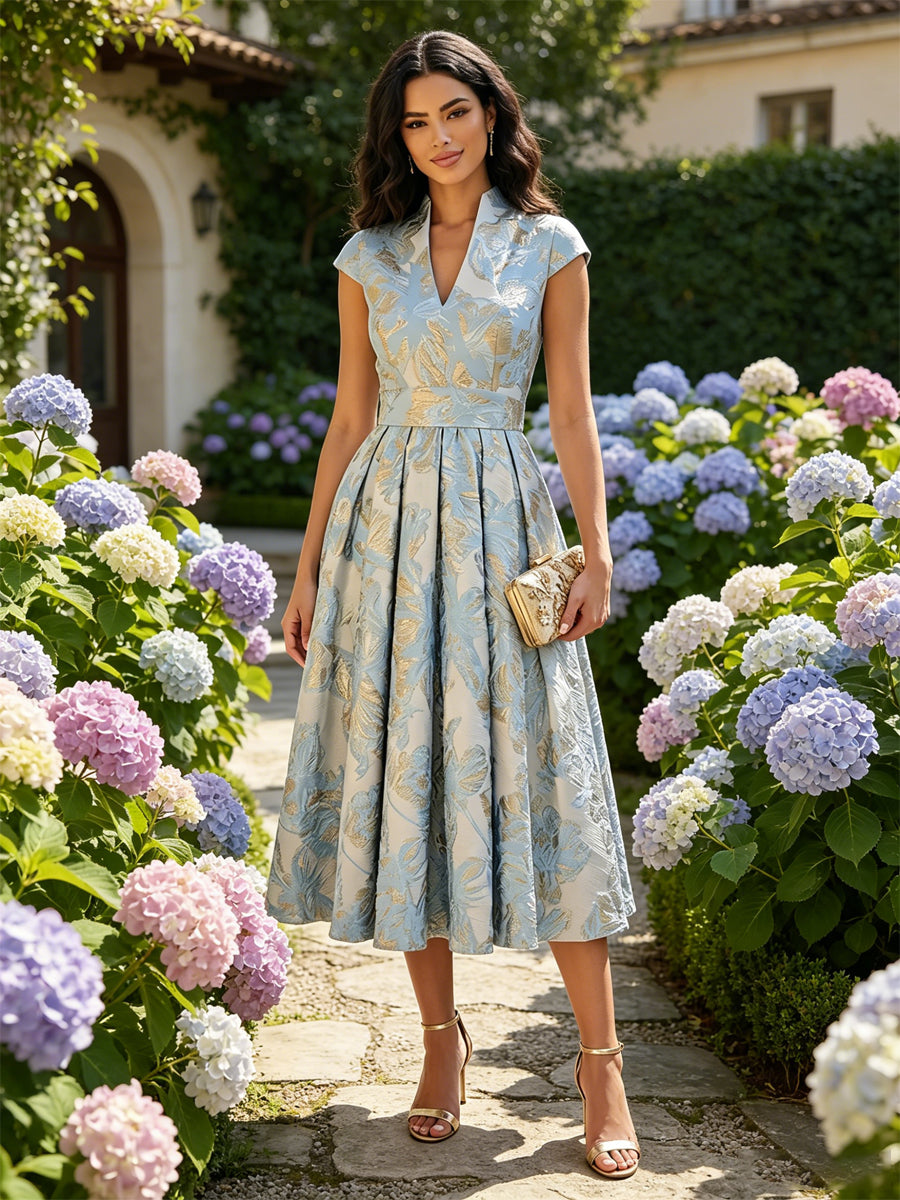 Floral Print A-Line/Princess V-Neck Tea-Length Cocktail Dresses with Pleats