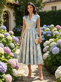 Floral Print A-Line/Princess V-Neck Tea-Length Cocktail Dresses with Pleats