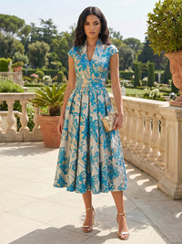Floral Print A-Line/Princess V-Neck Tea-Length Cocktail Dresses with Pleats
