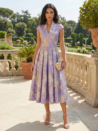 Floral Print A-Line/Princess V-Neck Tea-Length Cocktail Dresses with Pleats