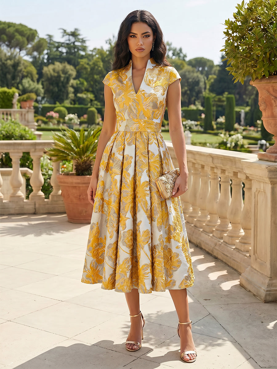 Floral Print A-Line/Princess V-Neck Tea-Length Cocktail Dresses with Pleats