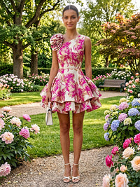 Jacquard A-Line/Princess Asymmetric Neck Short Cocktail Dresses with Tiered Layers