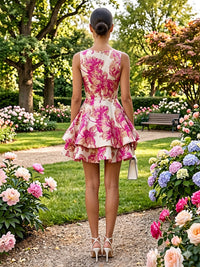 Jacquard A-Line/Princess Asymmetric Neck Short Cocktail Dresses with Tiered Layers
