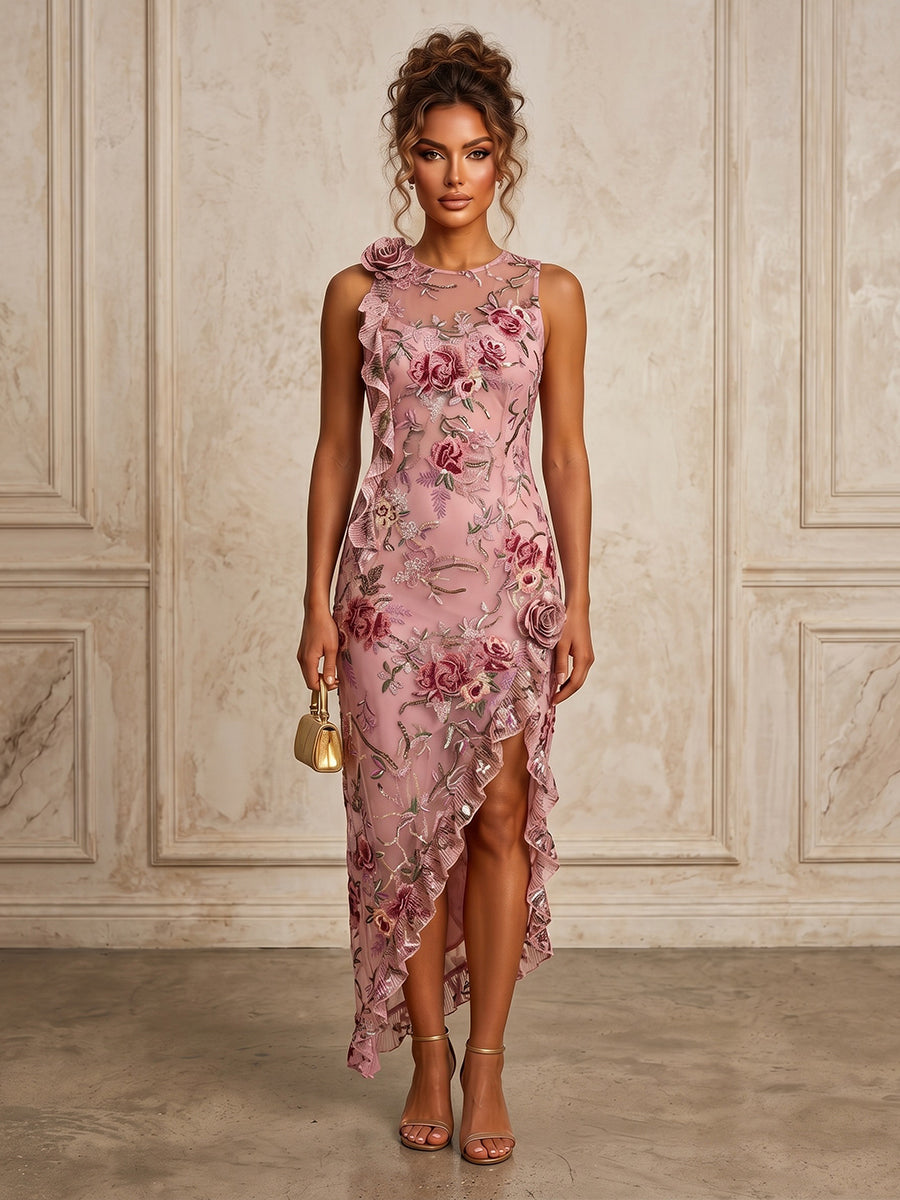Lace Embroidery Sheath/Column Scoop Neck Tea-Length Cocktail Dresses with Ruffles & Slit