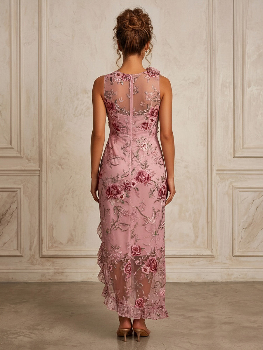 Lace Embroidery Sheath/Column Scoop Neck Tea-Length Cocktail Dresses with Ruffles & Slit