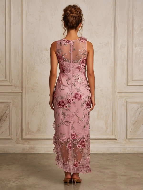 Lace Embroidery Sheath/Column Scoop Neck Tea-Length Cocktail Dresses with Ruffles & Slit