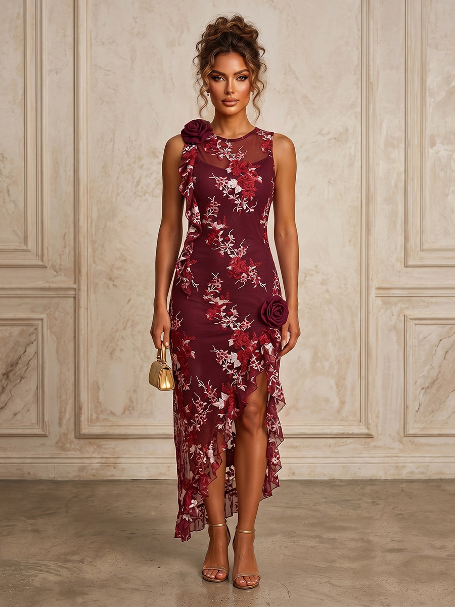 Lace Embroidery Sheath/Column Scoop Neck Tea-Length Cocktail Dresses with Ruffles & Slit