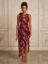 Lace Embroidery Sheath/Column Scoop Neck Tea-Length Cocktail Dresses with Ruffles & Slit
