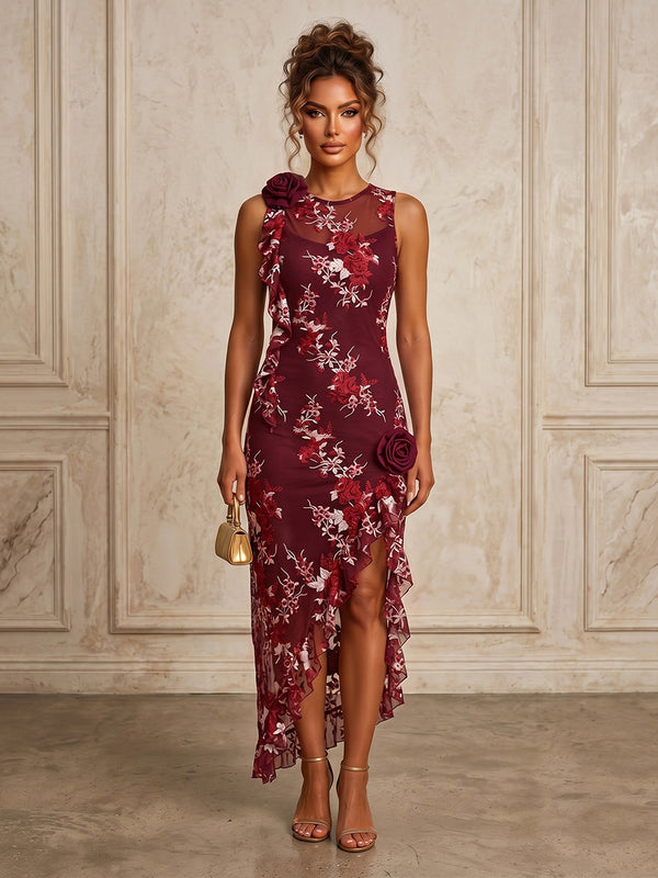 Lace Embroidery Sheath/Column Scoop Neck Tea-Length Cocktail Dresses with Ruffles & Slit