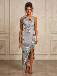 Lace Embroidery Sheath/Column Scoop Neck Tea-Length Cocktail Dresses with Ruffles & Slit