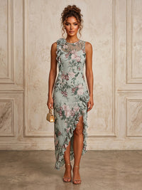 Lace Embroidery Sheath/Column Scoop Neck Tea-Length Cocktail Dresses with Ruffles & Slit
