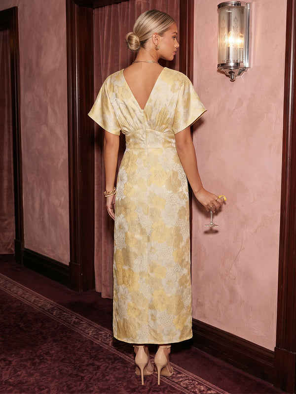 Floral Print A Line V Neck Slit Ruched Cocktail Dresses