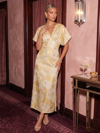 Floral Print A Line V Neck Slit Ruched Cocktail Dresses