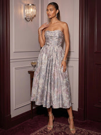 Jacquard A Line Strapless Pleats Ruched Cocktail Dresses