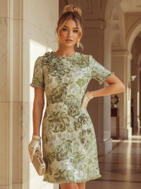 Floral Print A Line Scoop Neck 3D Flowers Ruffles Cocktail Dresses