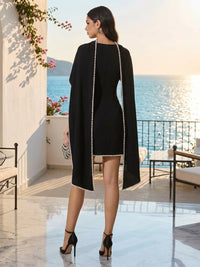 Satin Bodycon Scoop Neck Short Cocktail Dresses with Cape & Pearls
