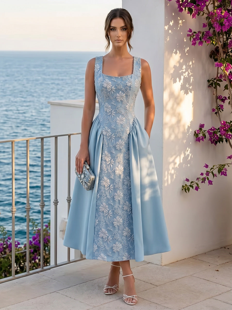 Satin A-Line/Princess Square Neck Tea-Length Cocktail Dresses with Lace Appliques