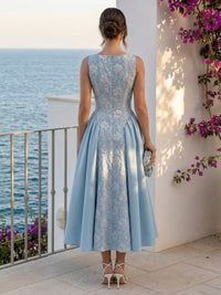 Satin A-Line/Princess Square Neck Tea-Length Cocktail Dresses with Lace Appliques