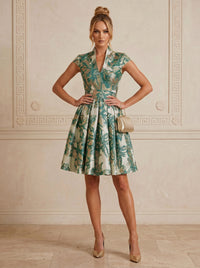 Jacquard A-Line/Princess V-Neck Short Cocktail Dresses with Pleats