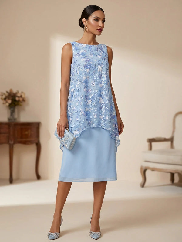 Chiffon Sheath/Column Scoop Neck Midi-Length Cocktail Dresses with Lace Appliques