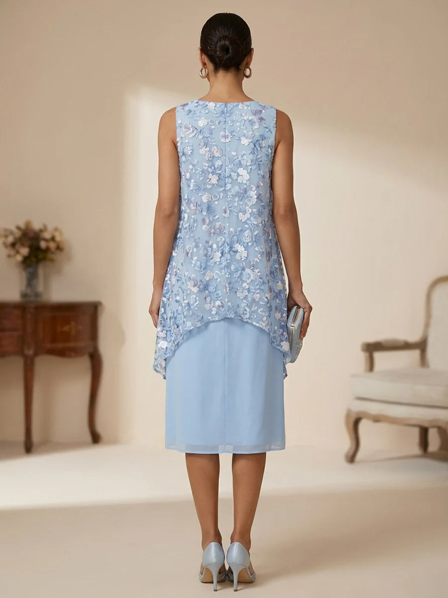 Chiffon Sheath/Column Scoop Neck Midi-Length Cocktail Dresses with Lace Appliques
