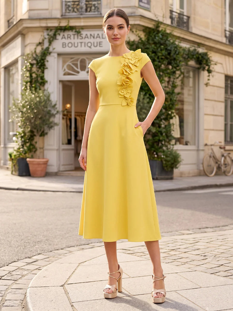 Chiffon A-Line/Princess Scoop Neck Tea-Length Cocktail Dresses with 3D Flowers