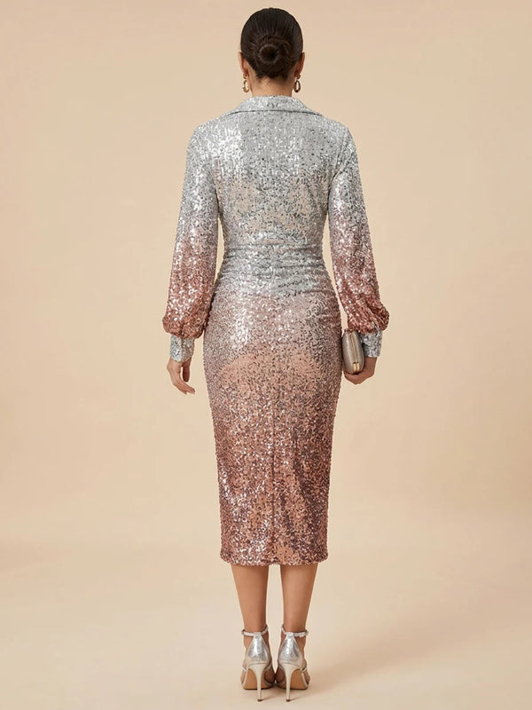 Sequin Sheath/Column V-Neck Tea-Length Cocktail Dresses with Ruched Waist