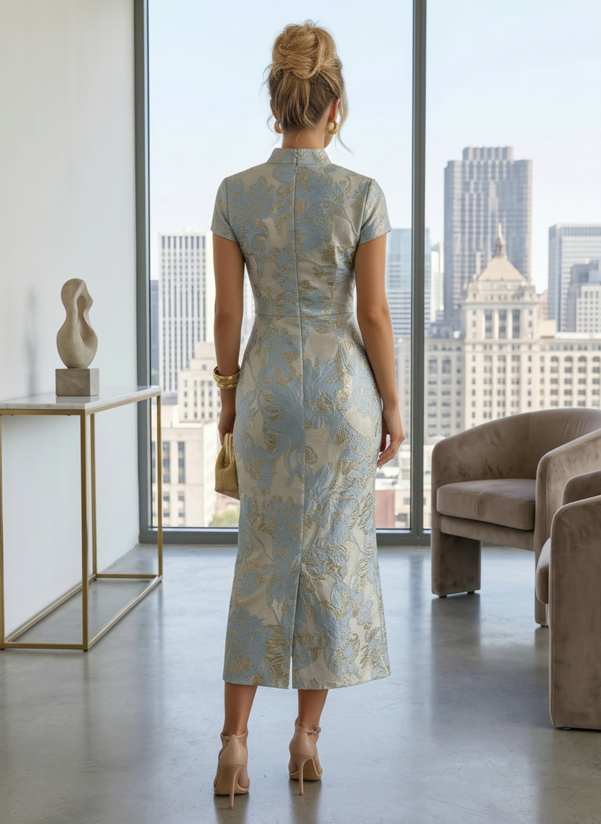 Jacquard Sheath/Column V-Neck Tea-Length Cocktail Dresses with Ruched Waist