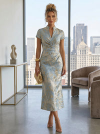 Jacquard Sheath/Column V-Neck Tea-Length Cocktail Dresses with Ruched Waist
